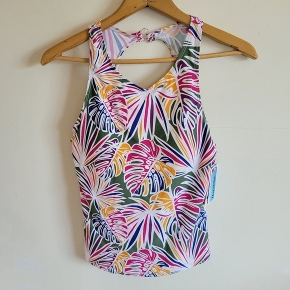 NWT Sporti Tankini Tank Top Swim High Neck Palm Pink Orange Medium - Picture 2 of 8